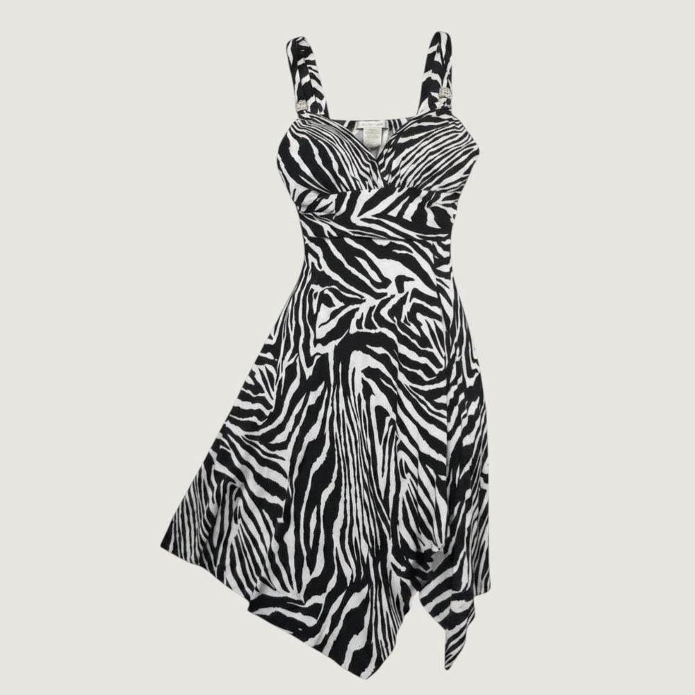 La Belle Zebra Print Dress Women XS Black White Y2K Rhinestone Asymmetric Hem